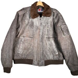 Swingster Vintage Bomber Jacket Faux Fur Collar Distressed Brown LeatherSize XXL